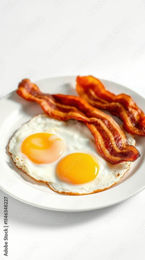 Delicious breakfast with crispy bacon and sunny-side up eggs on a white plate Delicious breakfast with crispy bacon and sunny-side up eggs on a white plate