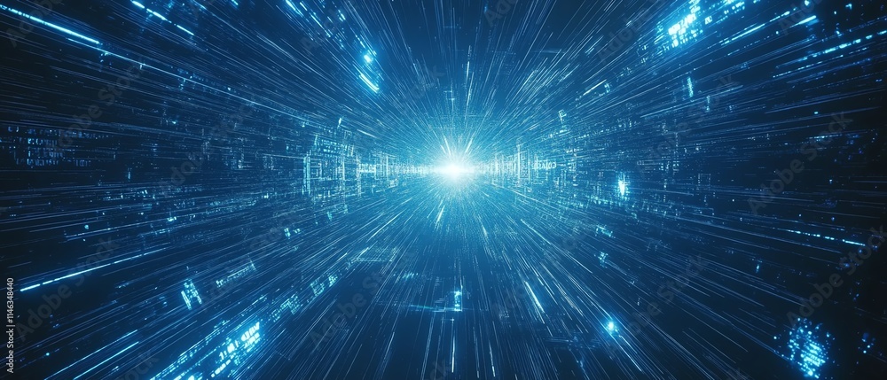 Naklejka premium Advanced global technology network with interconnected nodes, dynamic data exchanges, vibrant blue light streams, ultradetailed, photorealistic, 8K