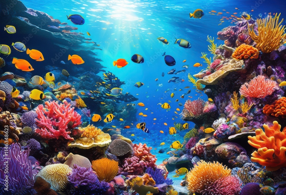 Obraz premium vibrant coral reef close showcasing colorful lively sea intricate coral structures bright underwater environment, adventure, algae, anemones
