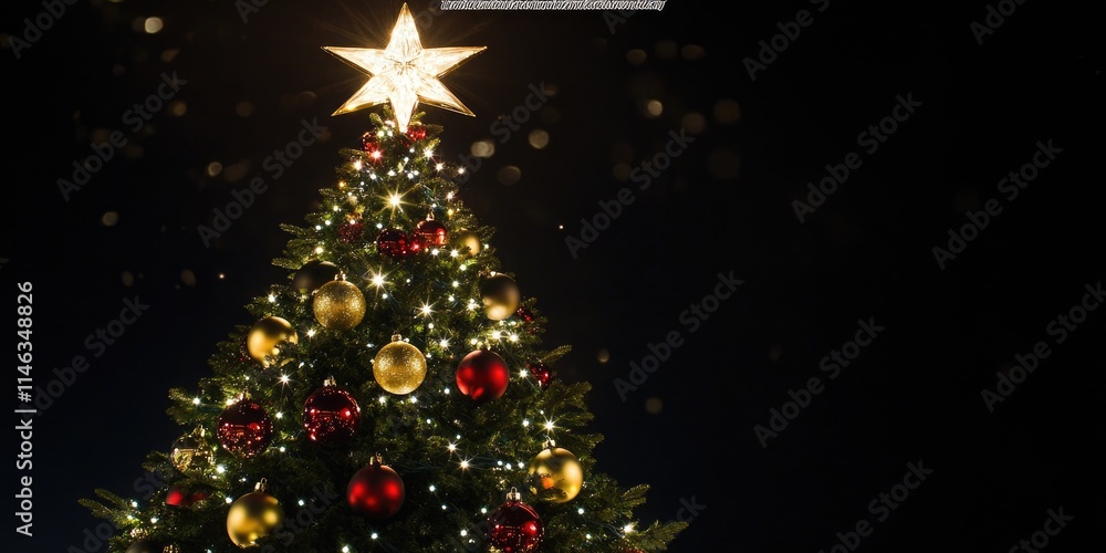 A beautifully decorated Christmas tree with lights and ornaments, topped with a star. A beautifully decorated Christmas tree with lights and ornaments, topped with a star.