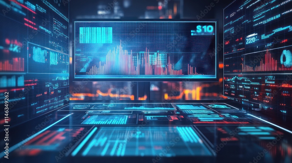 Financial analyst's desk surrounded by futuristic tech, real-time data on multiple screens, dynamic lighting Financial analyst's desk surrounded by futuristic tech, real-time data on multiple screens, dynamic lighting