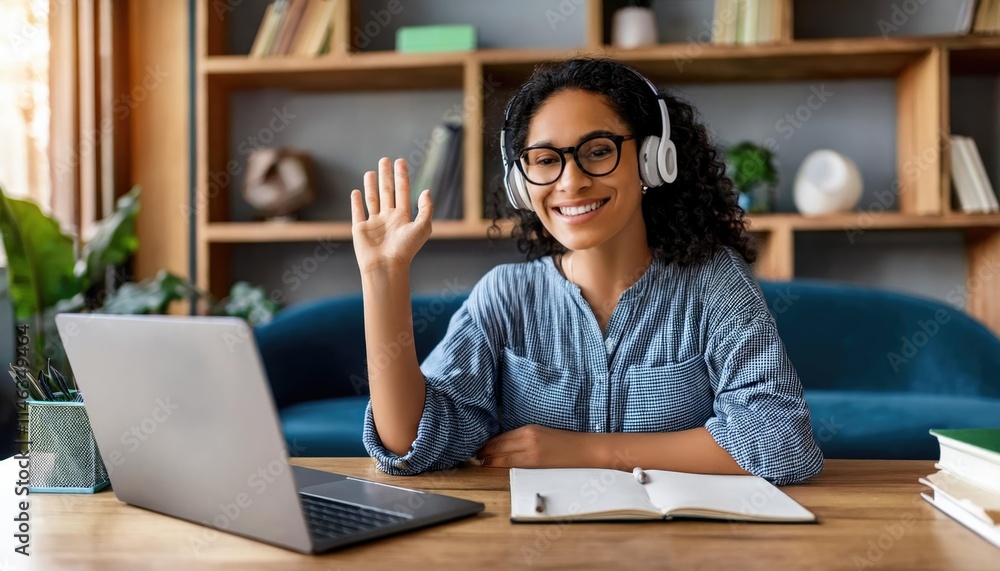 Happy hispanic female student has remote online educational class lecture Happy hispanic female student has remote online educational class lecture
