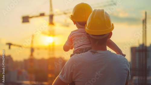 Father and son in hard hats watch sunset over construction site.