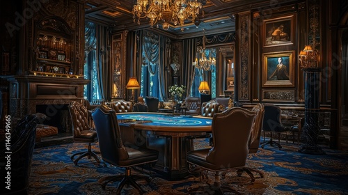 Luxurious game room with poker table, fireplace, and ornate decor.
