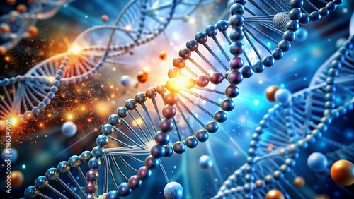 Innovative biotechnology conceptual background featuring DNA strands, molecular structures, and scientific elements representing genetic research and technological advancements