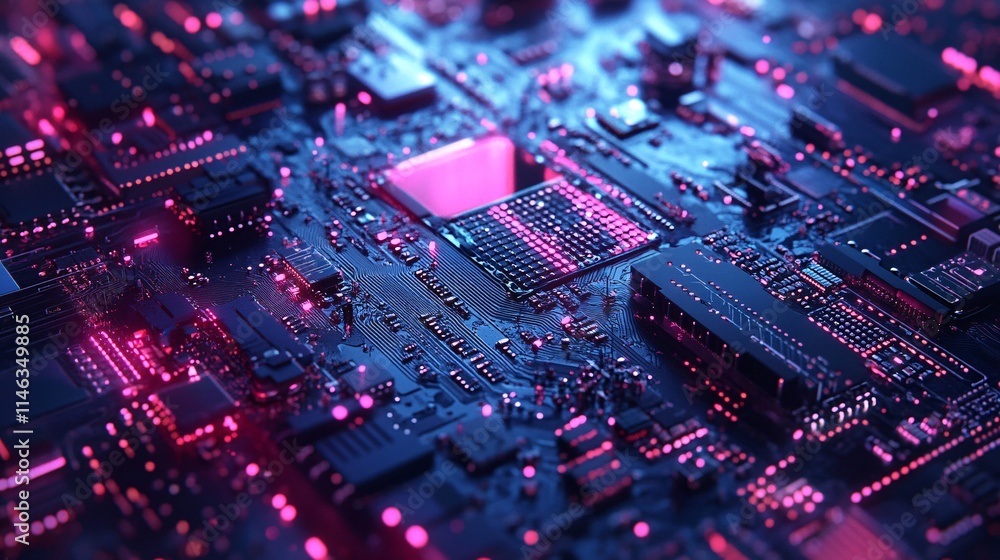 Futuristic circuit board pulsating with pink and blue lights Futuristic circuit board pulsating with pink and blue lights