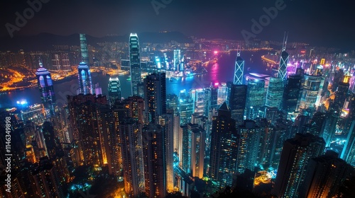 Wallpaper Mural Stunning Aerial View of Hong Kong Skyline at Night with Illuminated Skyscrapers, Vibrant Lights, and a Beautiful Harbor Reflection Torontodigital.ca