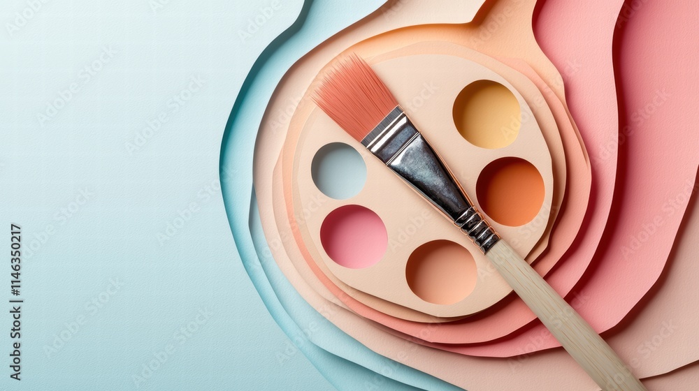 Elegant paper cutout art palette and brush in pastel tones Elegant paper cutout art palette and brush in pastel tones