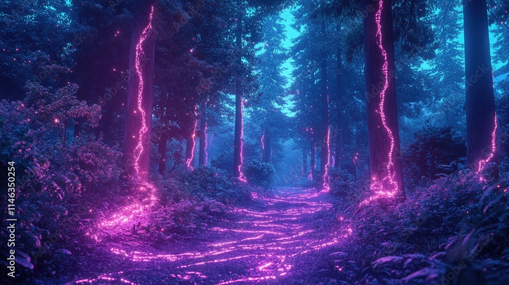 Enchanted Forest Pathway with Glowing Neon Lights Among Lush Green Trees Illuminating a Mystical Atmosphere Ideal for Fantasy and Sci-Fi Themes Enchanted Forest Pathway with Glowing Neon Lights Among Lush Green Trees Illuminating a Mystical Atmosphere Ideal for Fantasy and Sci-Fi Themes