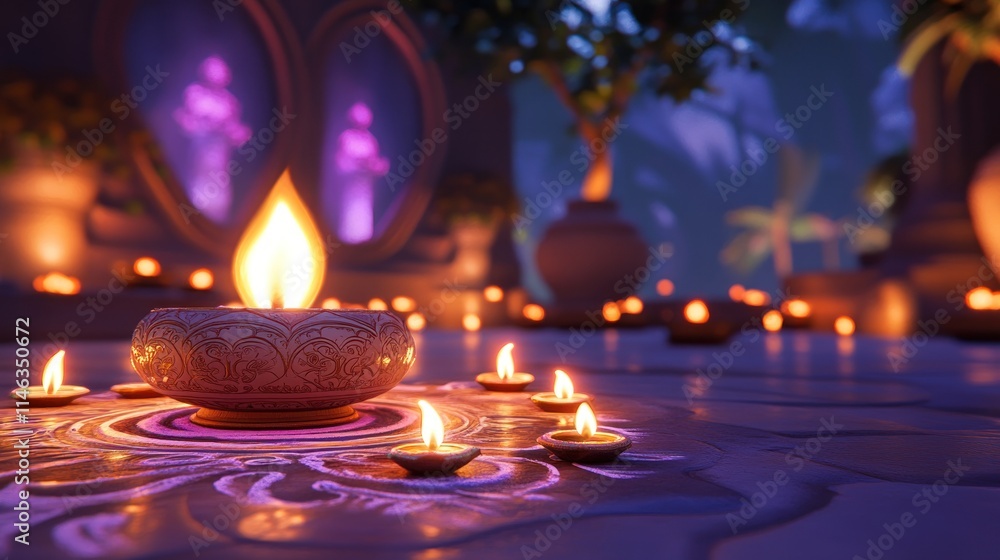 Illuminated temple courtyard at night with glowing candles and ethereal figures. Illuminated temple courtyard at night with glowing candles and ethereal figures.