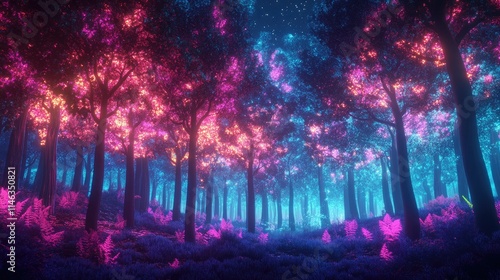 Enchanted Forest with Vibrant Colors and Mystical Lights at Night, Illuminated by Pink and Blue Foliage, Creating a Dreamlike Atmosphere in a Fantasy Landscape