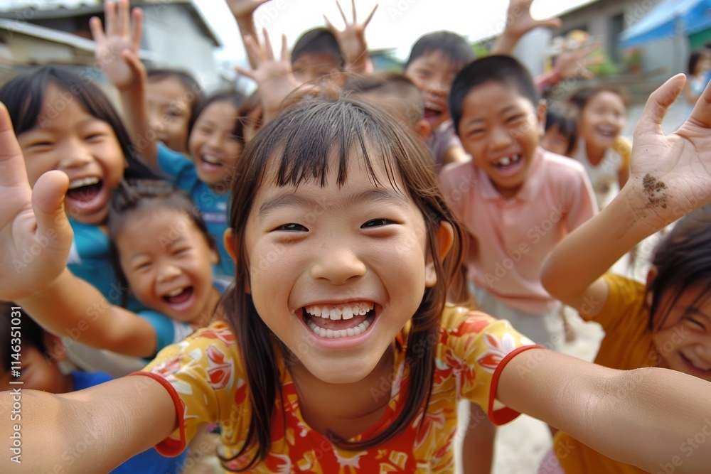 Happy asian little girl smiling and taking selfie with her friends. Happy asian little girl smiling and taking selfie with her friends.