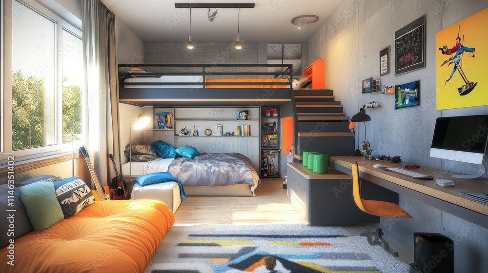 Modern Multifunctional Bedroom Design Featuring a Loft Bed, Stylish Decor, Vibrant Colors, and Cozy Textures in a Bright Natural Light Setting Modern Multifunctional Bedroom Design Featuring a Loft Bed, Stylish Decor, Vibrant Colors, and Cozy Textures in a Bright Natural Light Setting