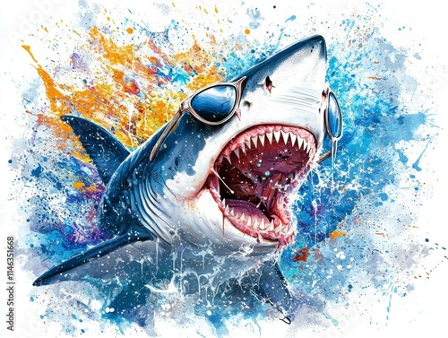 Shark attack action scene ocean waters digital art colorful splash environment vibrant viewpoint photo