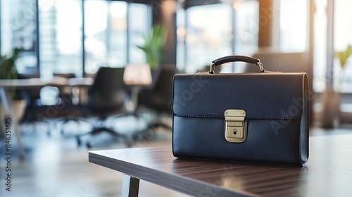 A dark-blue leather briefcase sits on a wooden surface in a modern, light-filled office.

