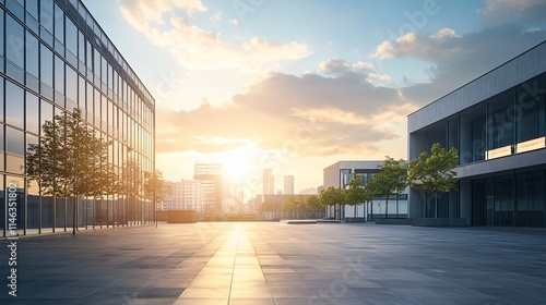 Fototapeta Naklejka Na Ścianę i Meble -  Modern office buildings at sunrise in empty city square