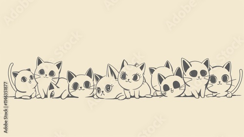 Cute cartoon cats illustration, playful kittens lined up, adorable design, minimalist style, soft colors, light background, ideal for pet lovers and feline enthusiasts photo