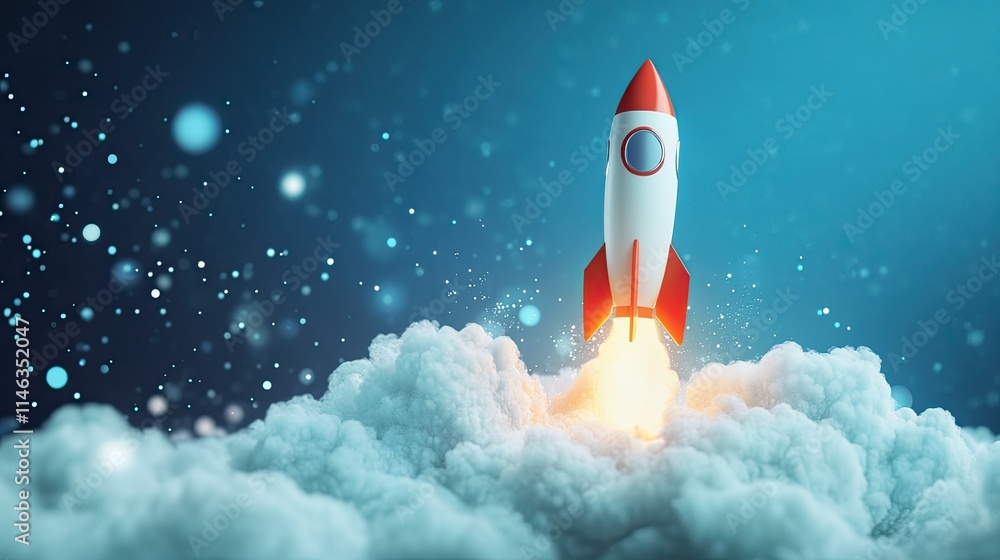 Rocket Launching from Clouds with Blue Background and Glowing Particles for Futuristic or Innovation Themes in Technology and Space Exploration Rocket Launching from Clouds with Blue Background and Glowing Particles for Futuristic or Innovation Themes in Technology and Space Exploration