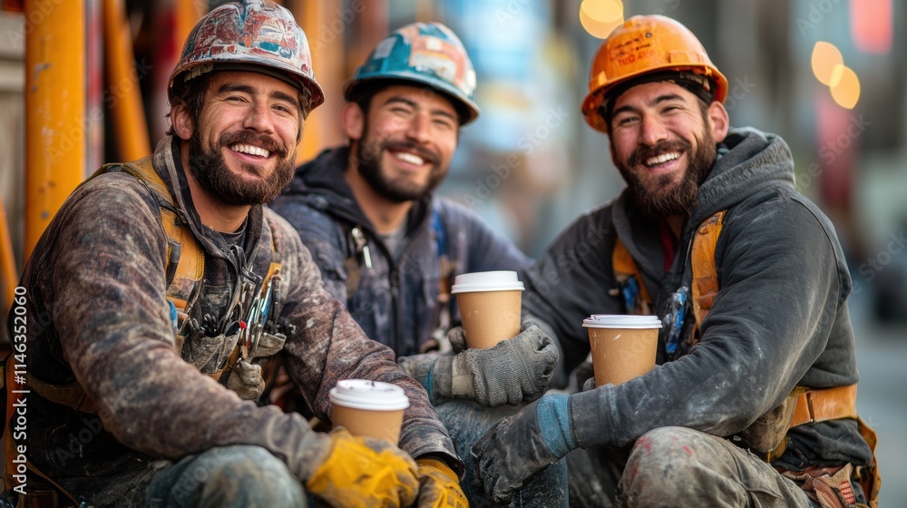 Group of cheerful construction workers taking a break on scaffolding, enjoying coffee and laughing together, showcasing camaraderie and urban industrial lifestyle. Group of cheerful construction workers taking a break on scaffolding, enjoying coffee and laughing together, showcasing camaraderie and urban industrial lifestyle.