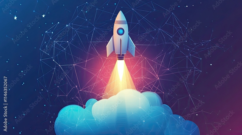 Dynamic Launch of a Futuristic Rocket Over a Cloudy Sky with a Starry Background and Network Connections Representing Innovation and Exploration Dynamic Launch of a Futuristic Rocket Over a Cloudy Sky with a Starry Background and Network Connections Representing Innovation and Exploration