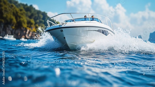 Luxury motorboat sailing fast on blue water with coastline in background