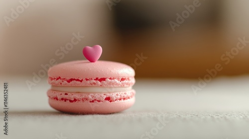 Beautiful pink macaron with tiny heart top, warm softly blurred light. A single pink macaron with an edible heart decoration sets a romantic tone.