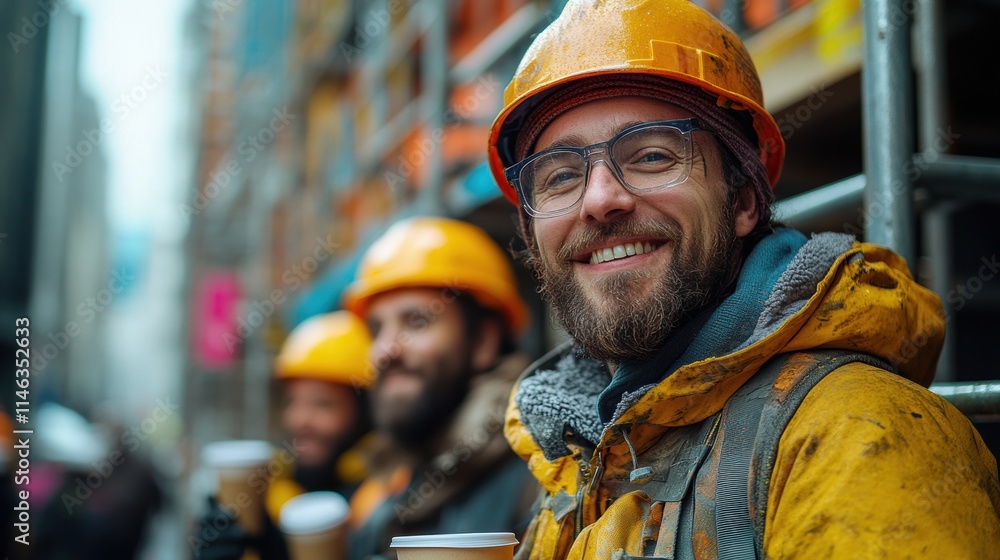 Group of cheerful construction workers taking a break on scaffolding, enjoying coffee and laughing together, showcasing camaraderie and urban industrial lifestyle. Group of cheerful construction workers taking a break on scaffolding, enjoying coffee and laughing together, showcasing camaraderie and urban industrial lifestyle.