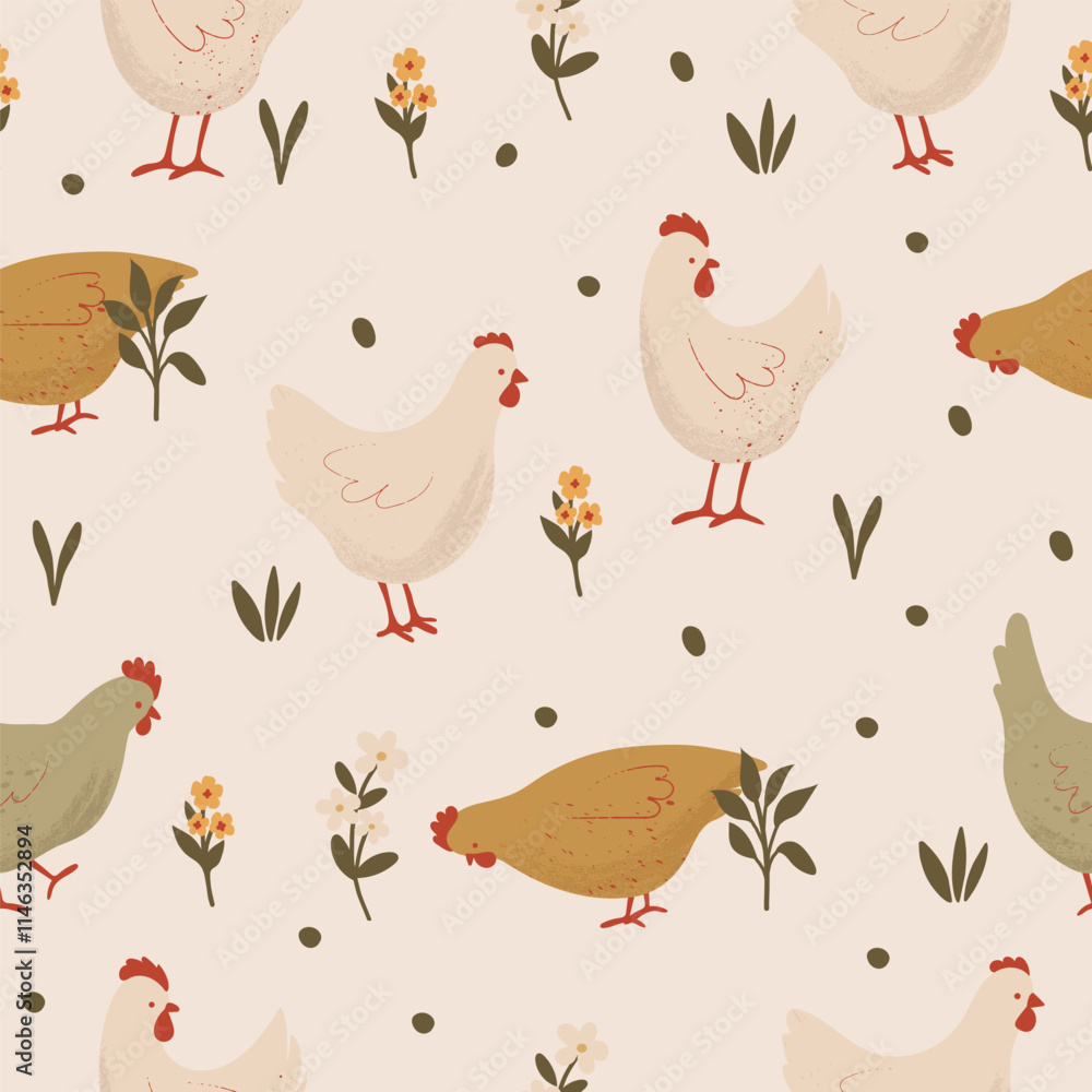 Cute Chickens Seamless Pattern with Floral on a Light Background. Farm Animals Pattern. Hand Drawn Vector Illustration. Cute Chickens Seamless Pattern with Floral on a Light Background. Farm Animals Pattern. Hand Drawn Vector Illustration.