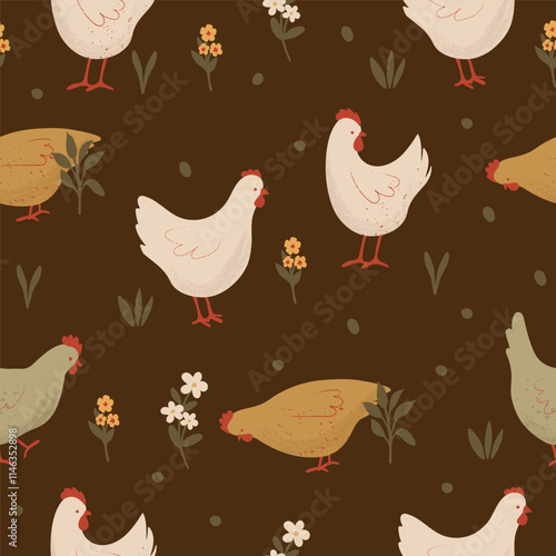 Cute Chickens Seamless Pattern with Floral on a Olive Background. Farm Animals Pattern. Hand Drawn Vector Illustration.