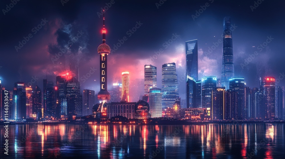 Fototapeta premium Vibrant Night Skyline of Shanghai Illuminated by Bright Lights with Reflections on Water Surface, Featuring Iconic Architecture and Modern Skyscrapers