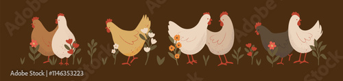 Cute Chickens Border with Floral on a Dark Background. Farm Animals Composition. Hand Drawn Vector Illustration.