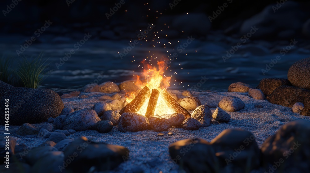 A warm bonfire surrounded by rocks, flames rising into the night, casting light and warmth into the cool, serene darkness A warm bonfire surrounded by rocks, flames rising into the night, casting light and warmth into the cool, serene darkness