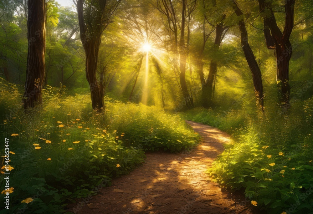 Obraz premium serene lush forest pathway bathed glowing sunlight creating tranquil natural journey, trees, nature, foliage, shade, leaves, woods, greenery, scenery