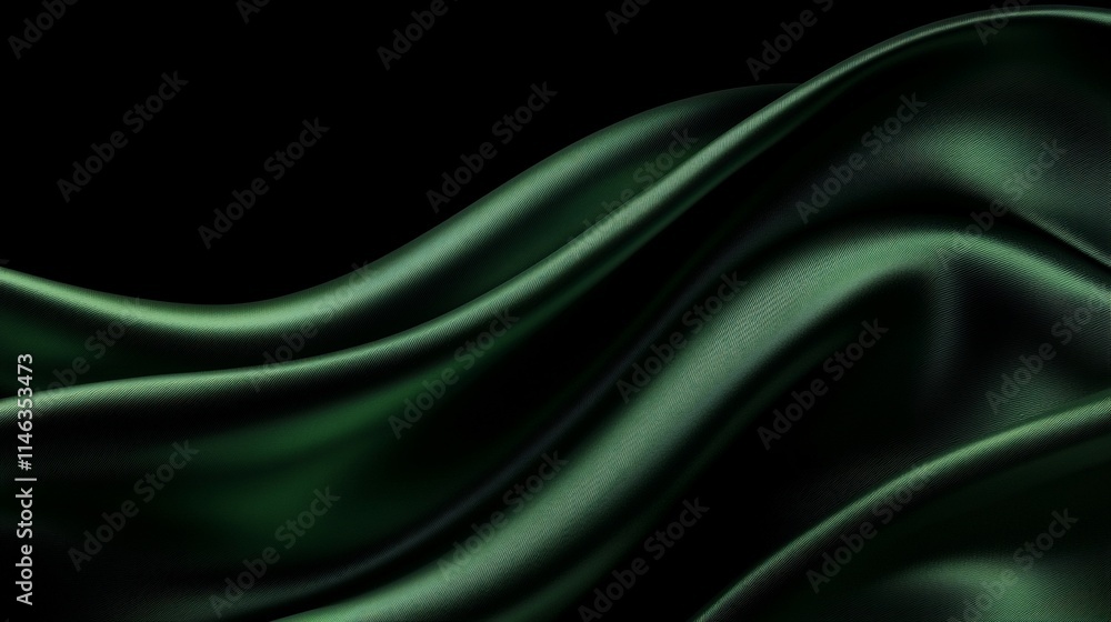 Obraz premium Dark green silk fabric flowing elegantly on black background.