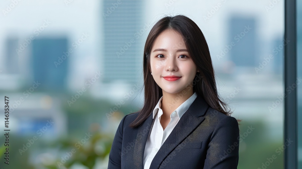 Naklejka premium Portrait of a smiling young Asian businesswoman in a formal dark suit standing in front of a blurred city office background.
