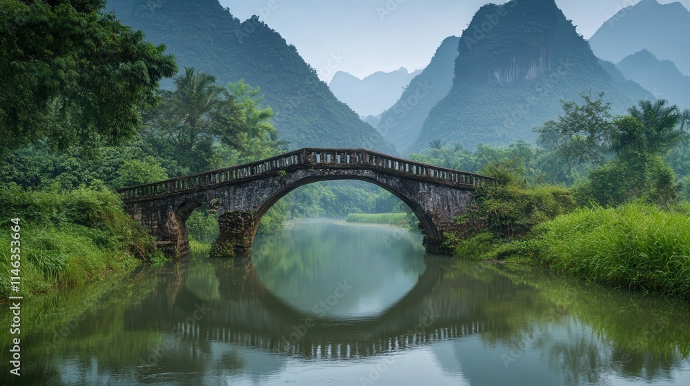 A weathered, centuries-old rice bridge crosses a calm river, nestled between towering mountain peaks. A weathered, centuries-old rice bridge crosses a calm river, nestled between towering mountain peaks.