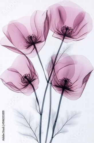 Transparent, pink x-ray flowers on a white background, simple and minimalistic
