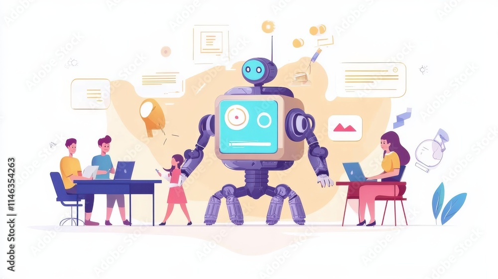 Fototapeta premium Kids programming and creating robot at class, tiny people. Engineering for kids, learn science activities, early development classes concept. Website homepage landing web page template.