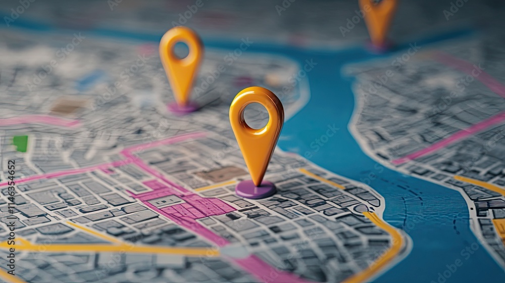 Yellow Location Pins on a Detailed City Map Illustrating Navigation, Geography, and Urban Planning for Travel and Exploration Purposes Yellow Location Pins on a Detailed City Map Illustrating Navigation, Geography, and Urban Planning for Travel and Exploration Purposes
