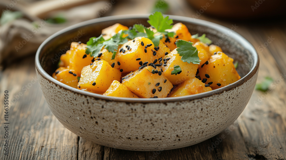 Spiced Potatoes for Aloo Gobi in a Rustic Bowl Spiced Potatoes for Aloo Gobi in a Rustic Bowl