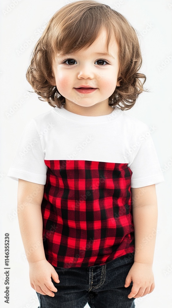 Adorable toddler wearing casual outfit with white t-shirt combined with red and black buffalo plaid pattern, dark jeans, and curly brown hair, smiling against white background. Adorable toddler wearing casual outfit with white t-shirt combined with red and black buffalo plaid pattern, dark jeans, and curly brown hair, smiling against white background.