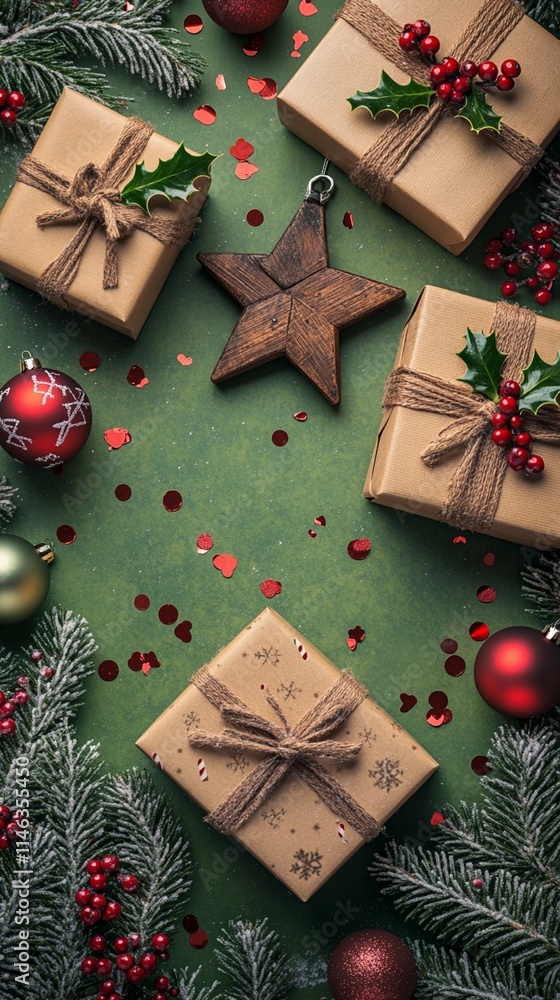 Festive Christmas composition with wrapped kraft paper gifts, wooden star ornament, red baubles, holly berries and pine branches on green background with confetti. Festive Christmas composition with wrapped kraft paper gifts, wooden star ornament, red baubles, holly berries and pine branches on green background with confetti.