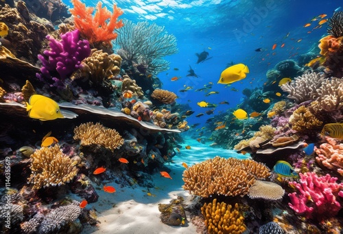 vibrant coral reef ecosystems teeming diverse marine life featuring colorful sea underwater vegetation, anemone, angelfish, aquatic, barracuda, biodiversity