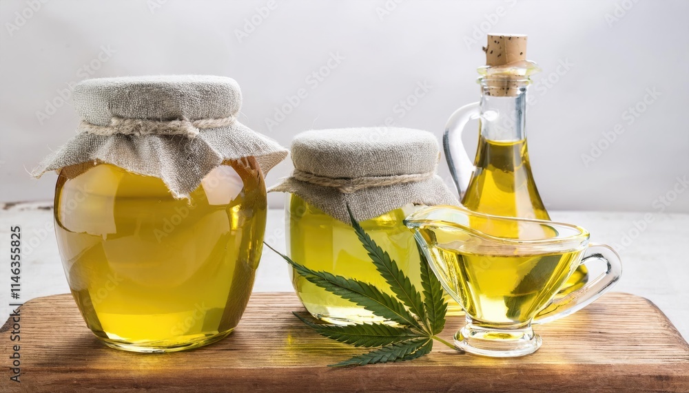 Oil hemp in two jars and sauceboat on wooden board Oil hemp in two jars and sauceboat on wooden board