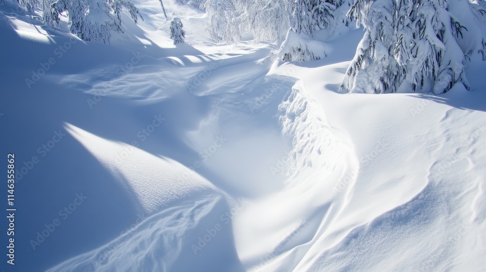 Fototapeta premium Snow-covered mountain landscape showcases undulating hills under a cloudy sky in winter