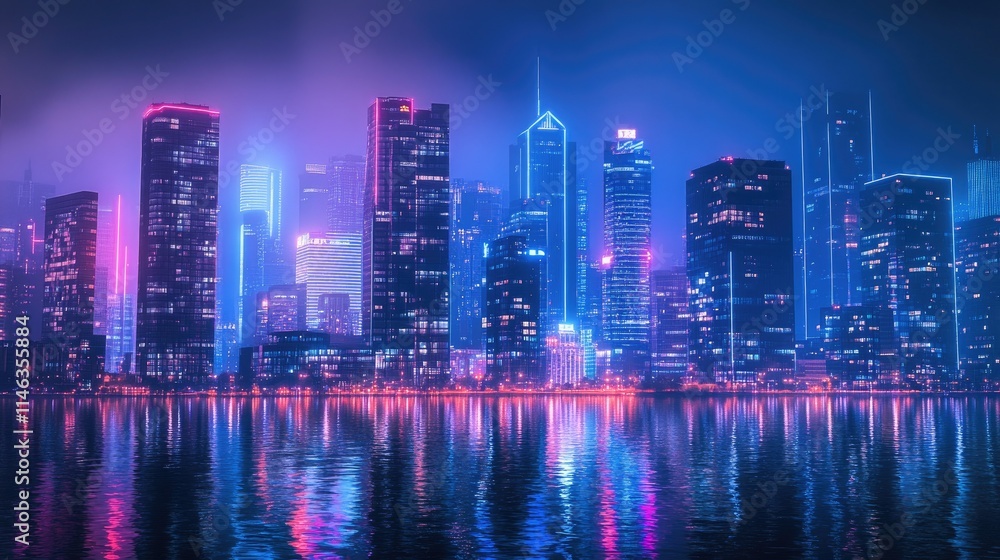 Obraz premium Vibrant Neon City Skyline at Night with Reflective Water Surface and Fog Creating a Dreamy Atmosphere Under Urban Lights