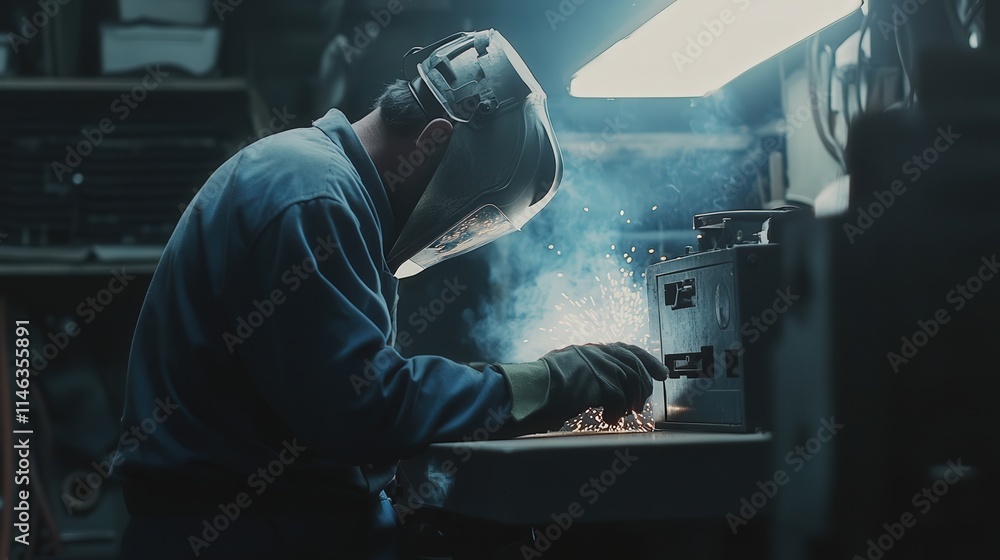 A welder inspecting metal joints after welding to ensure they are smooth and free from defects A welder inspecting metal joints after welding to ensure they are smooth and free from defects