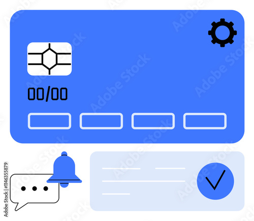 Credit card chip, settings gear, bell notification, chat bubble with dots, and check mark. Ideal for online payments, banking, security alerts communication transactions and approval. Line