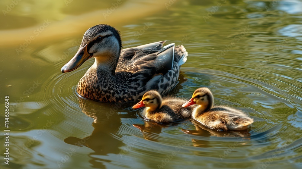 Mother duck swimming with ducklings in a calm pond during a sunny afternoon in a natural setting