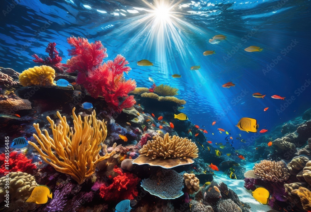 Naklejka premium captivating vibrant underwater textures featuring array colorful aquatic life that enriches seascape diversity beauty, marine, fish, coral, reef, creatures